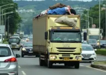 caminhão com carga excedente na Via Dutra